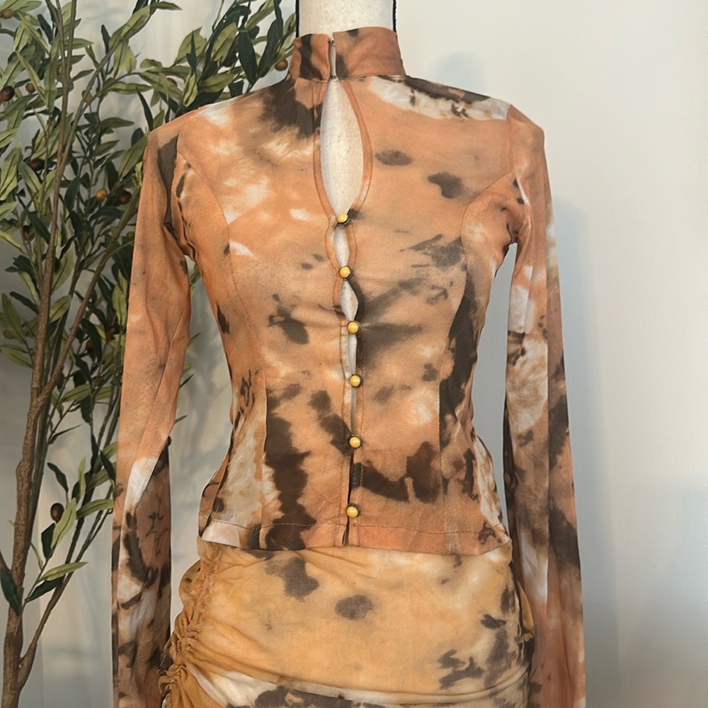 Kim Shui Mesh Print Blouse + Shirred Mesh Skirt Set NWT Size 4 | Earthy Tie-Dye